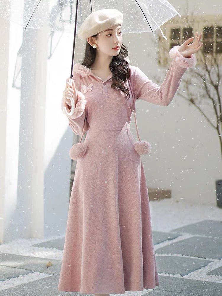 Gentle style French temperament fur collar hooded dress for women winter slim waist slimming inner long skirt