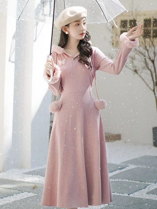 Gentle style French temperament fur collar hooded dress for women winter slim waist slimming inner long skirt
