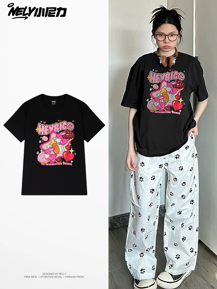 Nely Xiao Nili oversize loose niche Korean lazy style cartoon print short-sleeved T-shirt for men and women