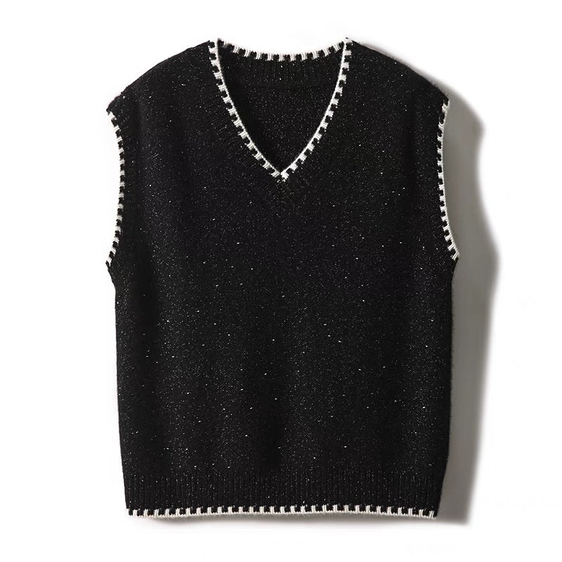 [ZZU560151AG] Gold and silver bean yarn black and white cashmere small Shanti lace V-neck vest vest sweater