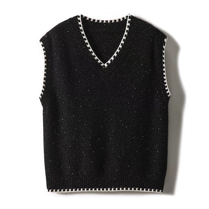 [ZZU560151AG] Gold and silver bean yarn black and white cashmere small Shanti lace V-neck vest vest sweater