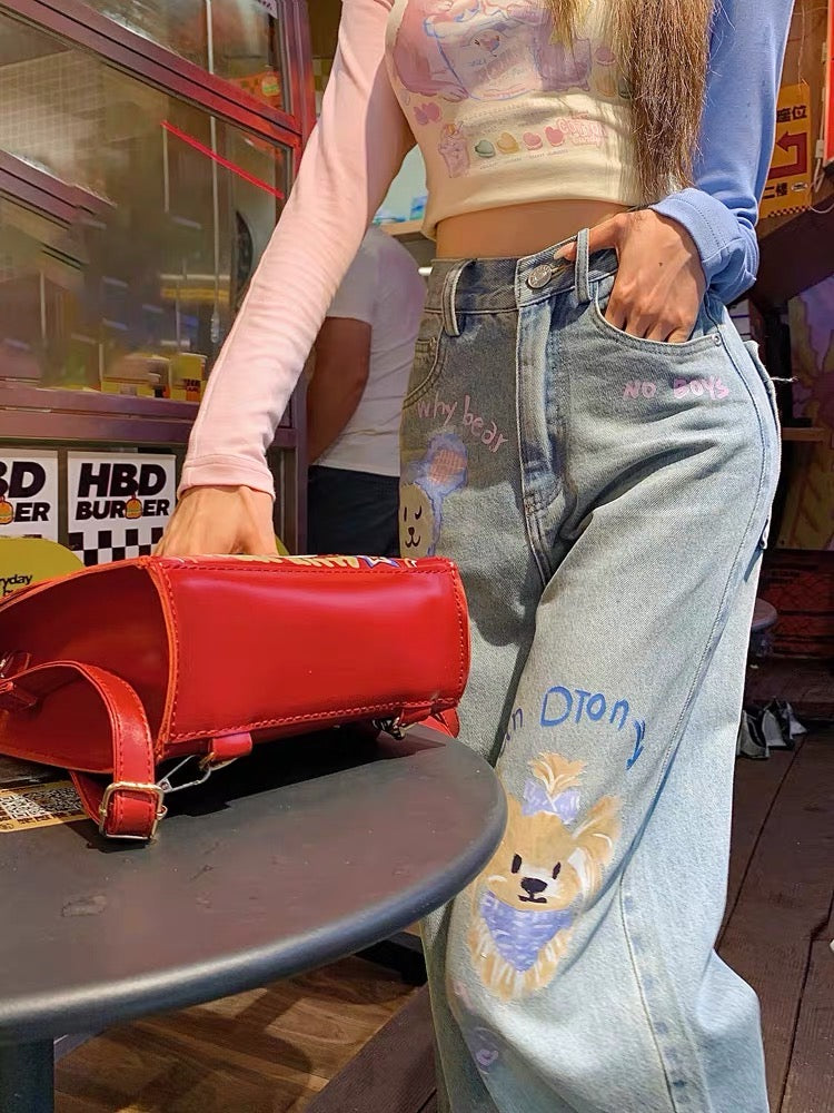 Earth store dopamine cartoon age-reducing wide-leg pants for women spring and autumn new design graffiti jeans for small people