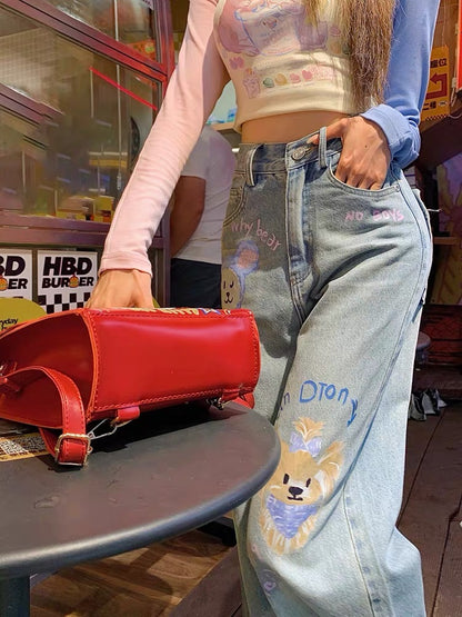 Earth store dopamine cartoon age-reducing wide-leg pants for women spring and autumn new design graffiti jeans for small people
