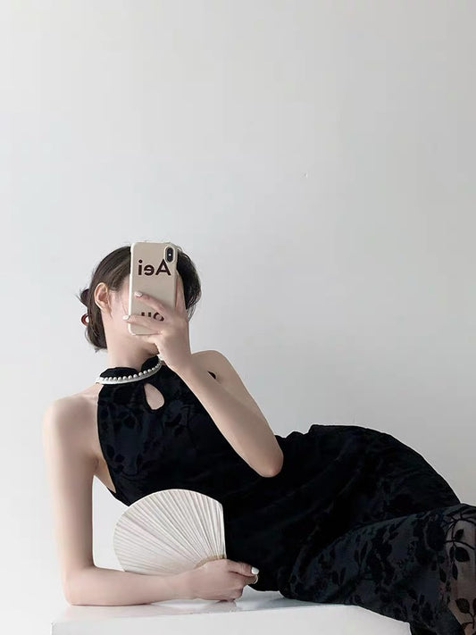 Autumn cheongsam improved long-sleeved dress women's two-piece new French slimming slim temperament fashion suit skirt D9294