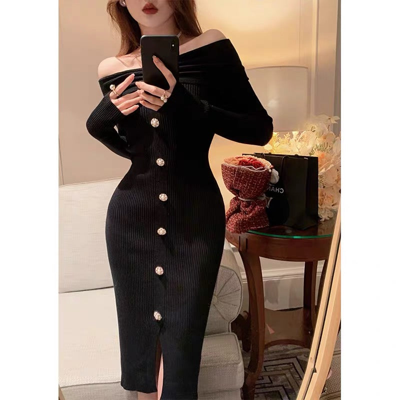 BETTER LS elegant one-shoulder knitted dress women's slim-fitting slit hip skirt autumn and winter bottoming skirt (S0870)