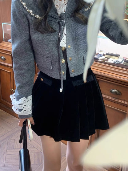 Juicecola Black Velvet Pleated Skirt Women's Autumn and Winter High Waist Slim Small College A-Line Skirt Short