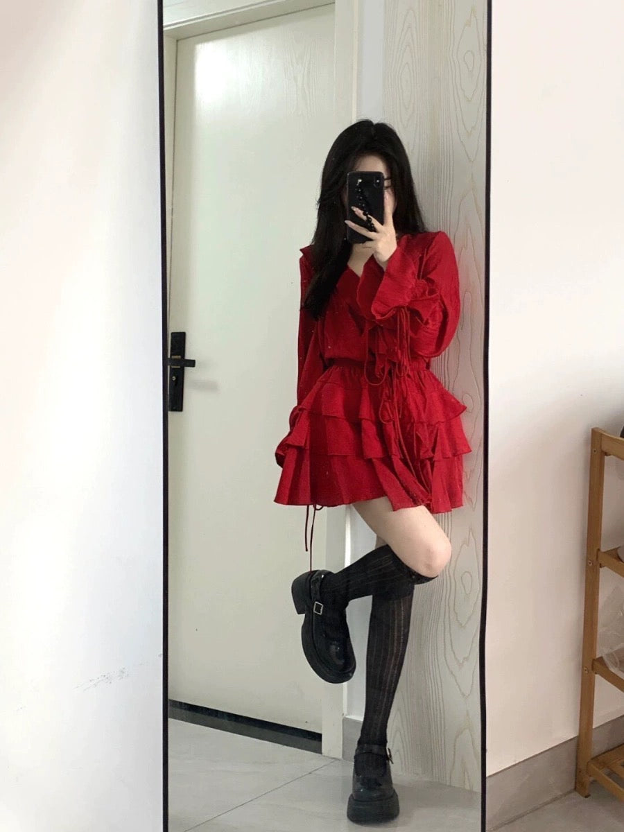 Early autumn foreign style age-reducing high-end sense red suit ruffled shirt top skirt two-piece dress female