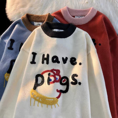 Japanese cute and funny cartoon knitted sweater for women in autumn and winter retro contrasting Korean style lazy style chic couple coat (S0457)