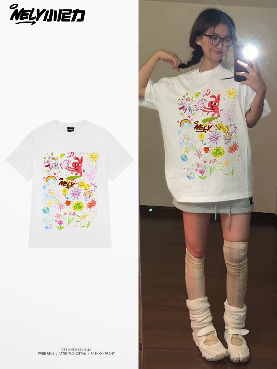 Nely Little Nely cartoon graffiti print short-sleeved T-shirt for men and women summer 2024 new loose cotton round neck top