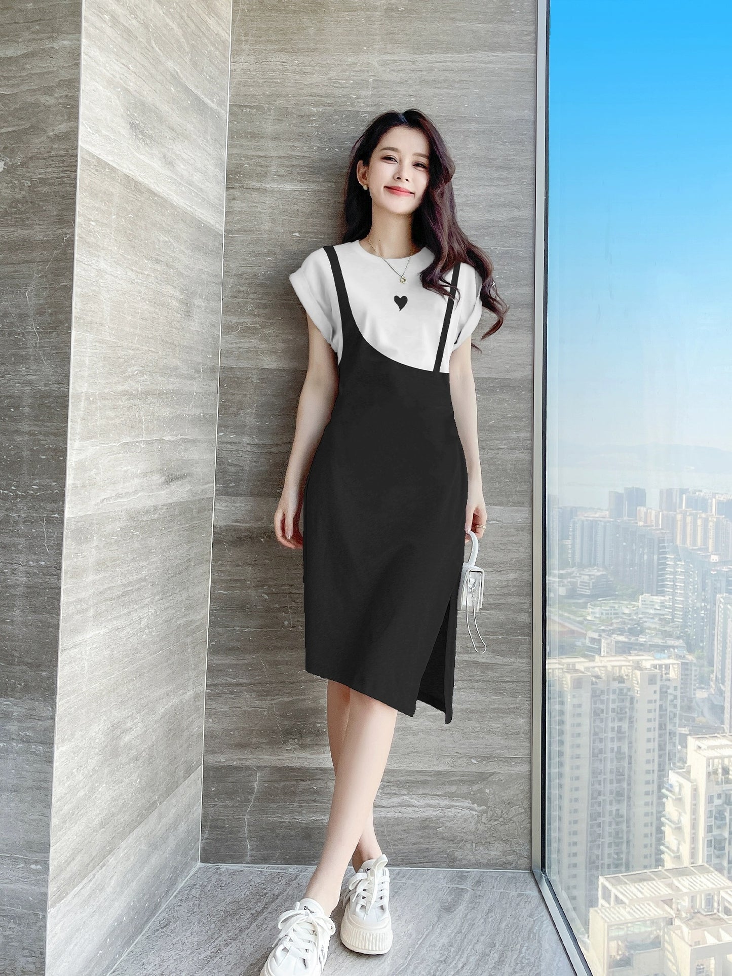 Black dress women's summer fake two-piece long skirt casual niche skirt summer women 2024 new small