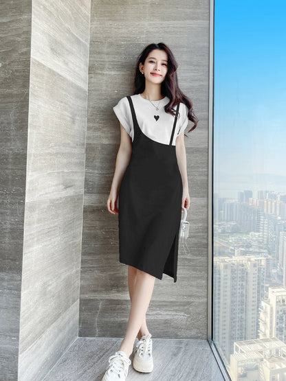 Black dress women's summer fake two-piece long skirt casual niche skirt summer women 2024 new small