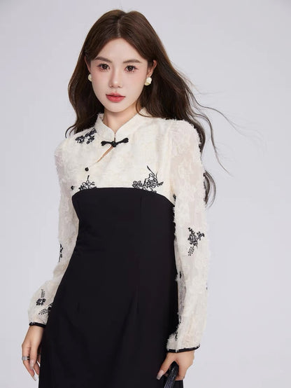 Volstagg New Chinese Style Black Dress Women's Autumn Improved Cheongsam Waist Buckle Long Skirt
