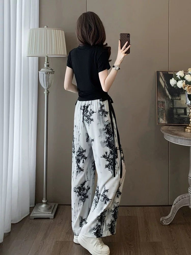 Short-sleeved sports casual suit for women, summer fashion, age-reducing internet celebrity, street style, chiffon wide-leg pants, two-piece set, western style