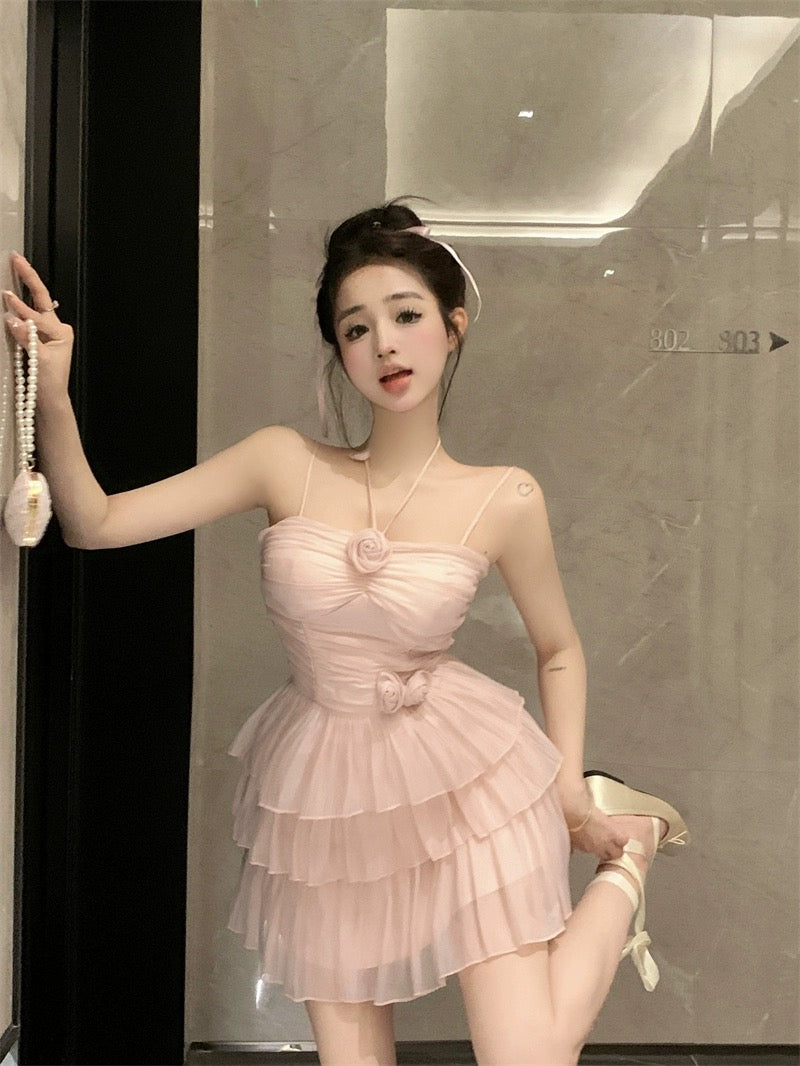 Pure desire suspender halterneck dress for women in summer sweet hottie heavy industry flower skirt temperament ruffled cake skirt