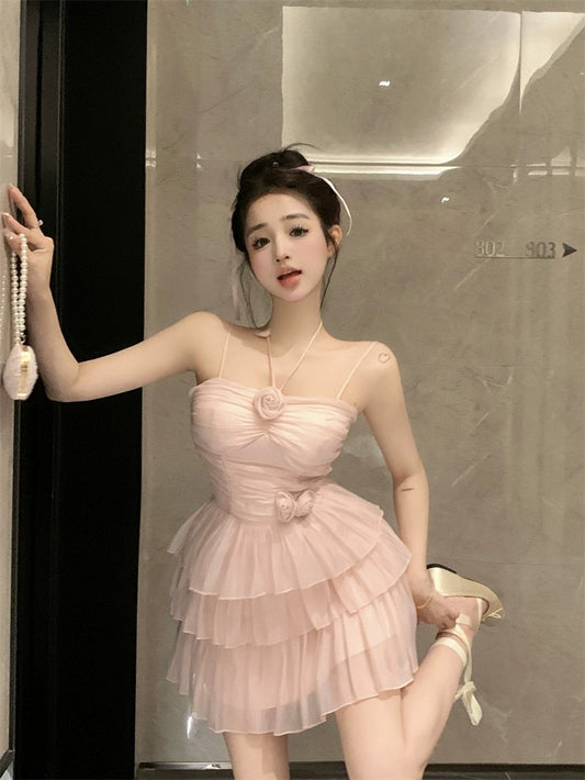 Pure desire suspender halterneck dress for women in summer sweet hottie heavy industry flower skirt temperament ruffled cake skirt