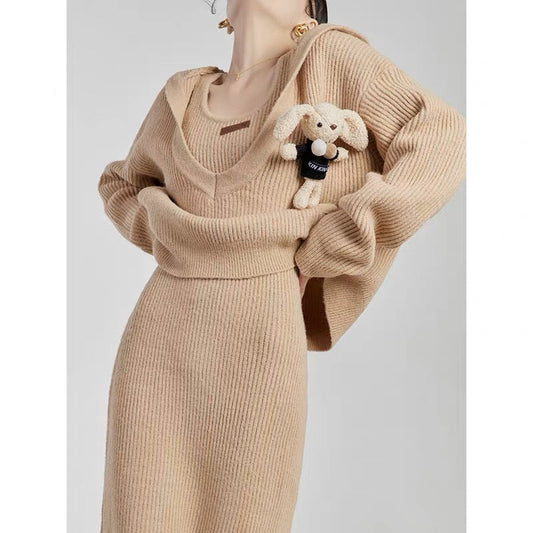 LLL LAB/Xiaoxiangfeng suit winter two-piece hooded knitted top dress tea style outfit complete set (S0561)