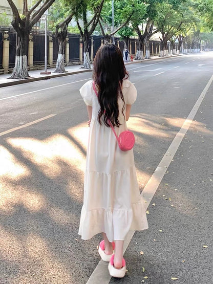 Plus size women's puff sleeve V-neck pleated dress women's 2024 summer new design loose and slim long skirt D249