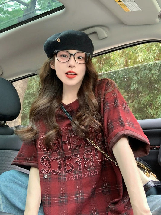 Red plaid sequined letter short-sleeved T-shirt female 2025 new spring and summer sanded thickened American style large version top trend