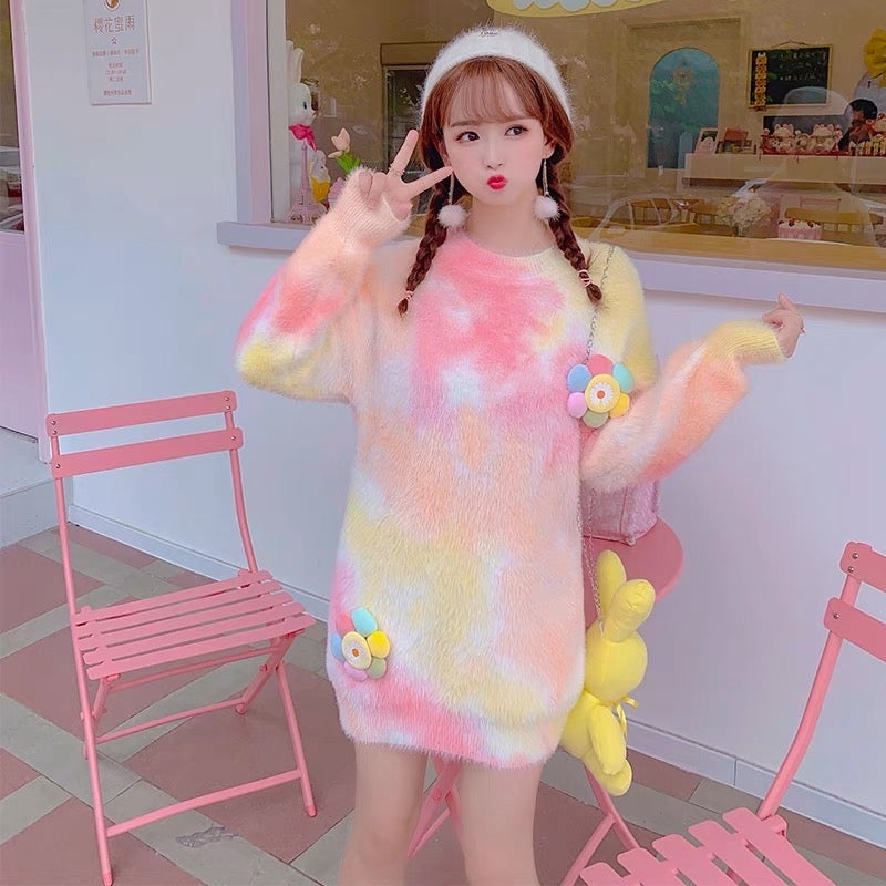 Korean Style Japanese Sweater Dress Sweet Rainbow Gradient Mink Mid-length Sweater  Dress Korean Style