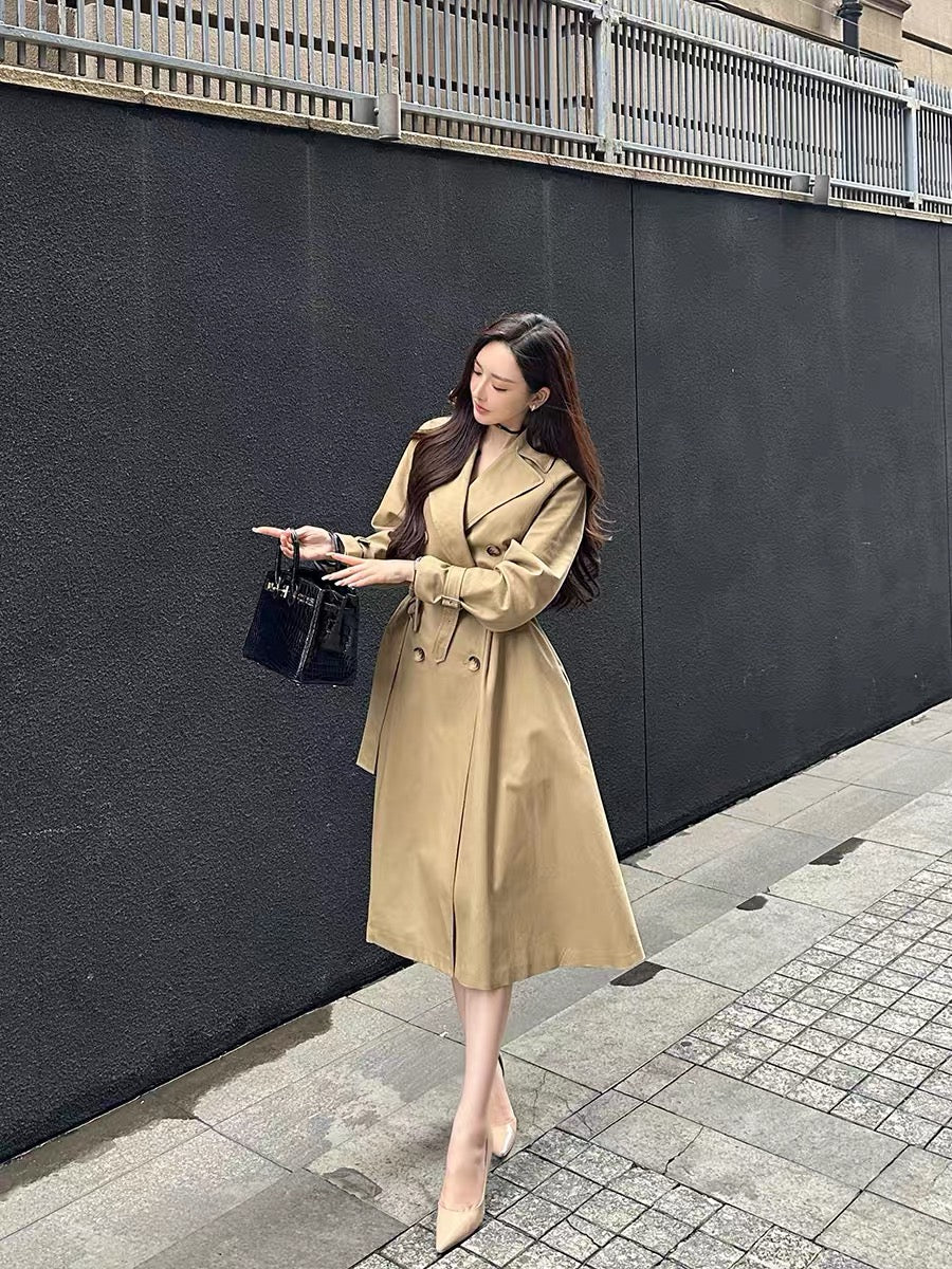 Shanxi said khaki high-end temperament pure cotton belt waist double-breasted raglan sleeves long windbreaker jacket for women (B8896)