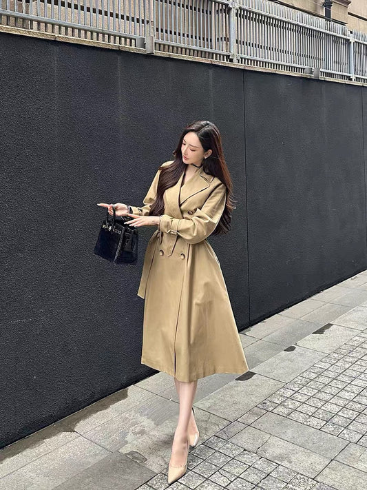 Shanxi said khaki high-end temperament pure cotton belt waist double-breasted raglan sleeves long windbreaker jacket for women (B8896)