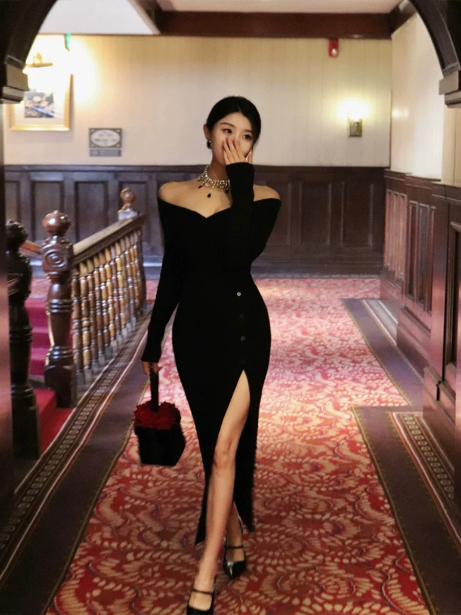 Thirteen and Little Black Knitted Dress Women's Autumn and Winter One Shoulder Slit Slim Fit French Long Dress
