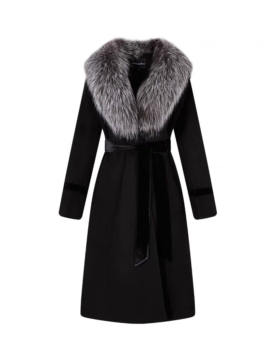 Shanxi said 100% wool V-neck with silver fox fur collar double-sided denim coat, feminine ladylike style mid-length coat (B1317)