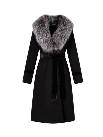 Shanxi said 100% wool V-neck with silver fox fur collar double-sided denim coat, feminine ladylike style mid-length coat (B1317)