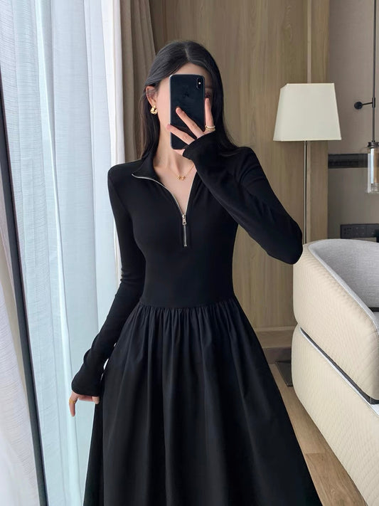 Guoge's black dress for women 2023 autumn new style waist slimming temperament Hepburn style fake two-piece long skirt