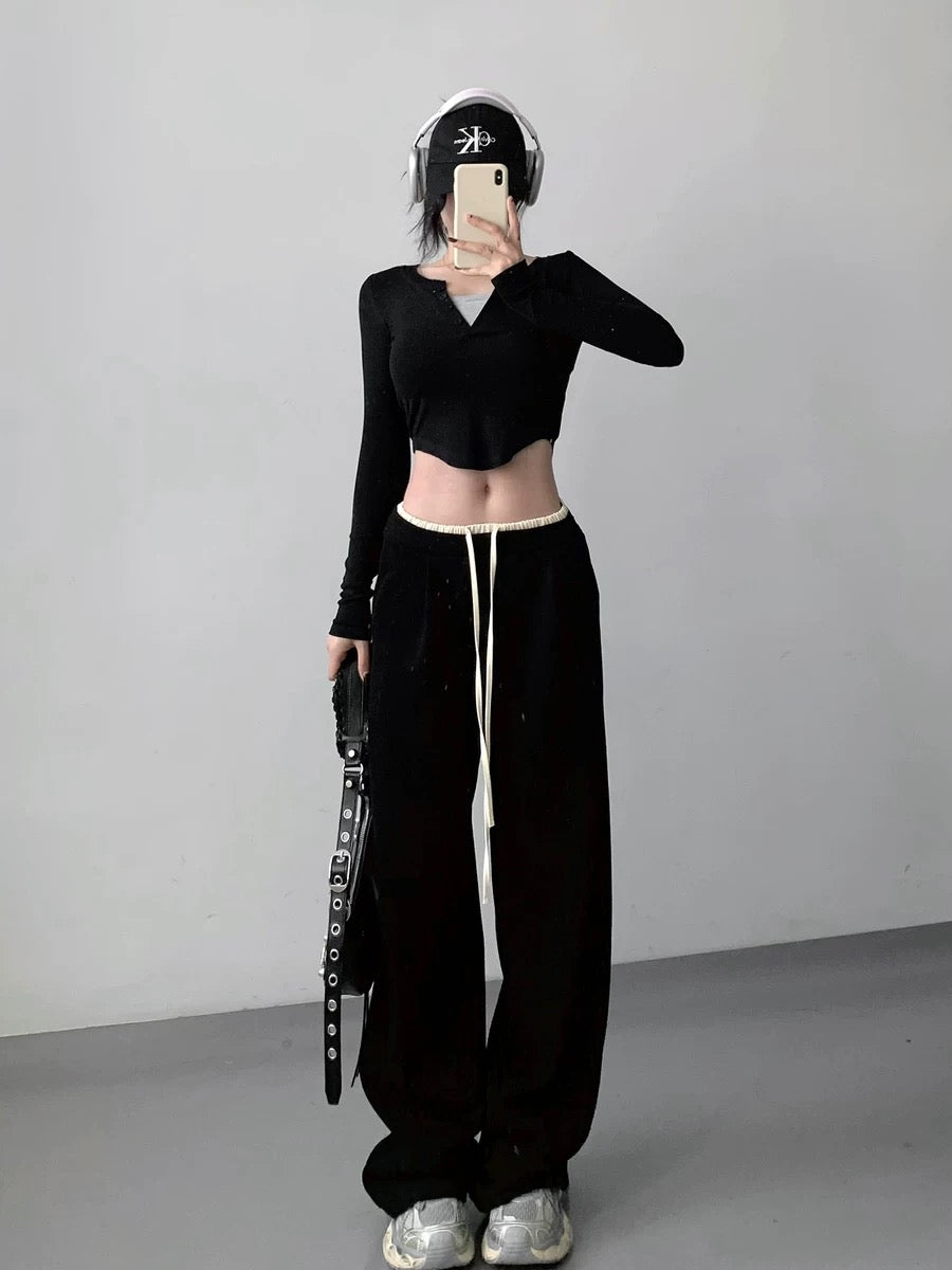 Contrast color splicing casual straight-leg sweatpants for women 2024 spring and autumn new high-waisted slimming versatile sports wide-leg floor-length pants