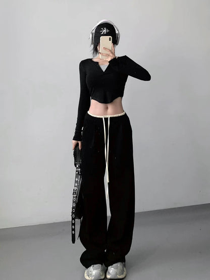 Contrast color splicing casual straight-leg sweatpants for women 2024 spring and autumn new high-waisted slimming versatile sports wide-leg floor-length pants