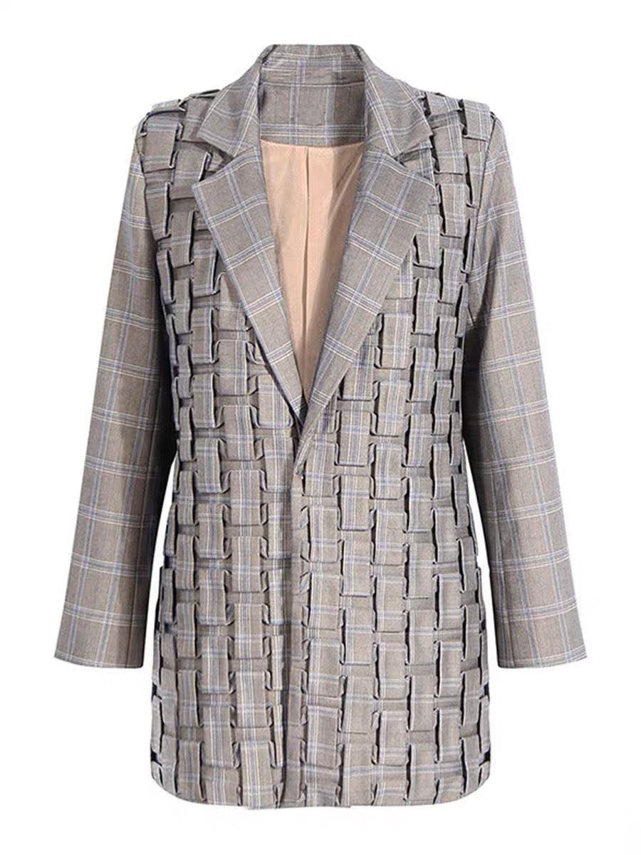 High-end heavy-duty design fashionable three-dimensional plaid gray mid-length suit spring and autumn new socialite workplace top