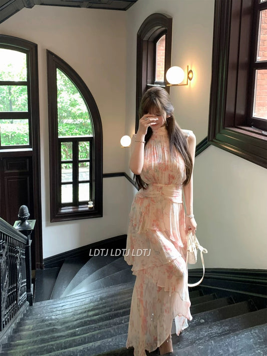 LDTJ Haute Couture 23 Xia Xin Elegant Temperament Fairy Gentle Sleeveless Vacation Slim Silk Broken Print Dress Women