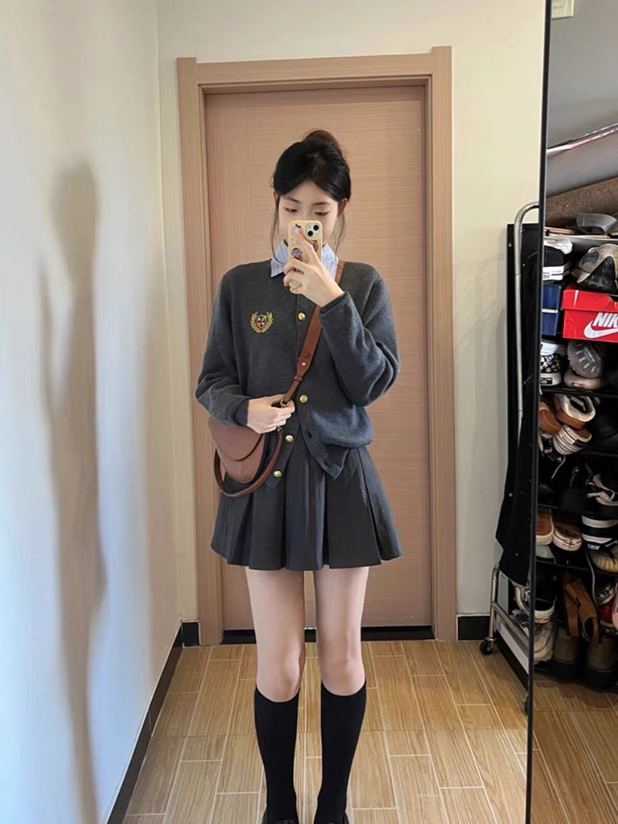 Tea style small fragrance two-piece suit autumn knitted sweater cardigan British college top skirt female small
