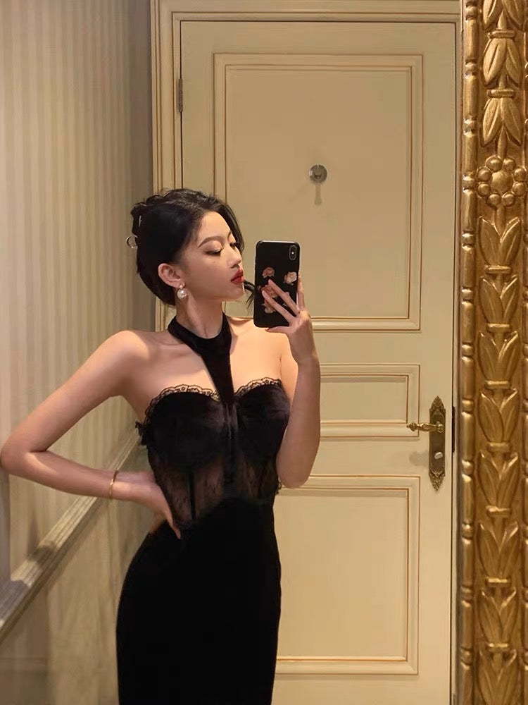 French style black dress long skirt for women summer lace splicing niche hot girl sexy halter neck velvet dress