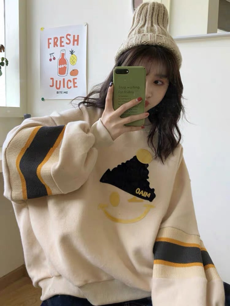 Apricot Smiley Sweatshirt New 2023 Popular Autumn and Winter Thin Jacket Loose Korean Style Hoodless Top Trendy