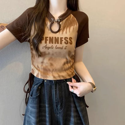 Large size American retro right shoulder T-shirt short-sleeved women's summer irregular hot girl short fat mm belly-covering slimming top