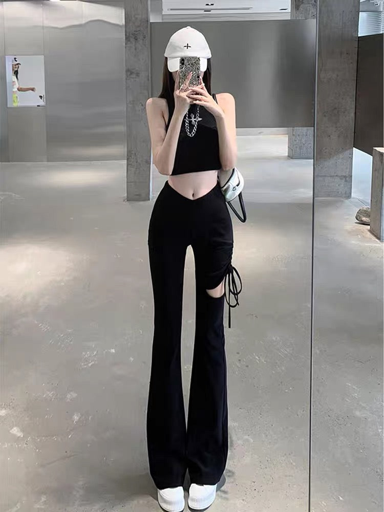 Design niche ripped casual pants for women in autumn new drawstring high waist slim fit flared floor mopping pants (B3911)