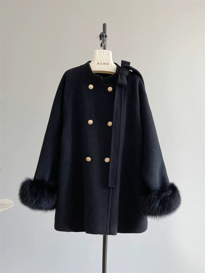 "Girl's Promise" Cape woolen coat female gold button bow double-sided cashmere coat A482