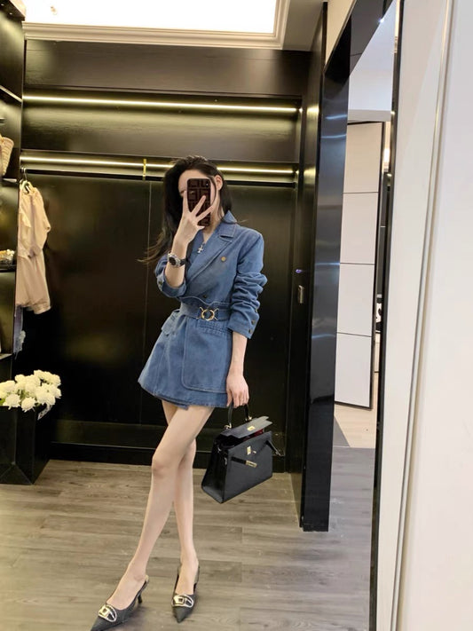 Denim dress women's summer 2023 new French style niche design waist slimming suit skirt