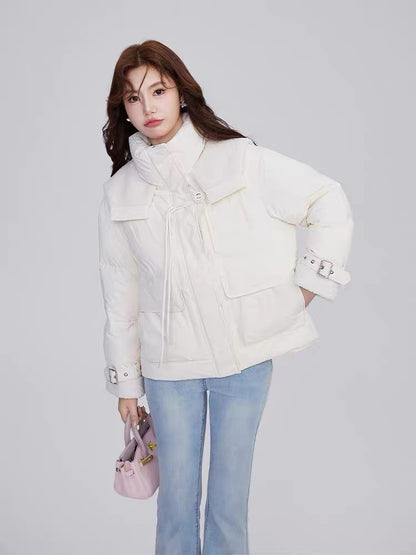 Volstagg Short Stand Collar Down Jacket Women's Winter Lamb Wool Polar Fleece Design Navy Collar Thick Jacket