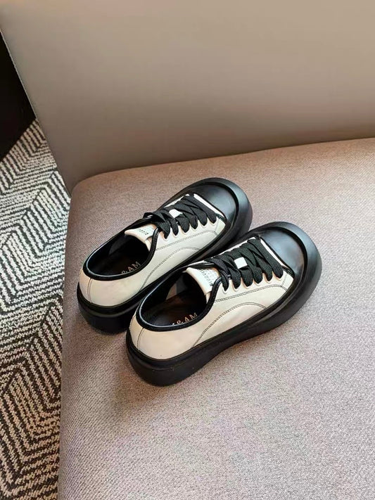 Casual shoes women's 2023 autumn new Korean style fashion lace-up leather color matching thick-soled low-cut sneakers women's shoes