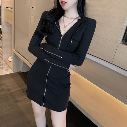 Early spring new style, versatile hooded long-sleeved small coat, short hip-covering skirt, slim and slim bottoming dress for women
