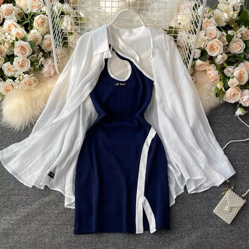Hot girl with slit, halter neck and hip-hugging dress, stylish suit, casual style shirt, thin sun protection jacket