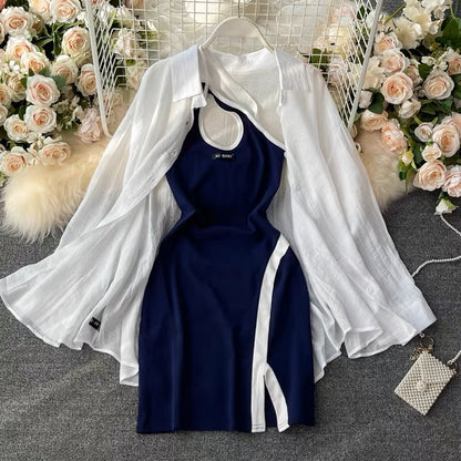 Hot girl with slit, halter neck and hip-hugging dress, stylish suit, casual style shirt, thin sun protection jacket