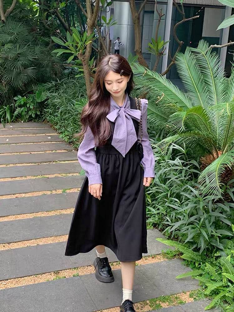 French Hepburn style black A-line suspender dress + long-sleeved ruffle shirt two-piece suit for women in autumn plus size (S0974)