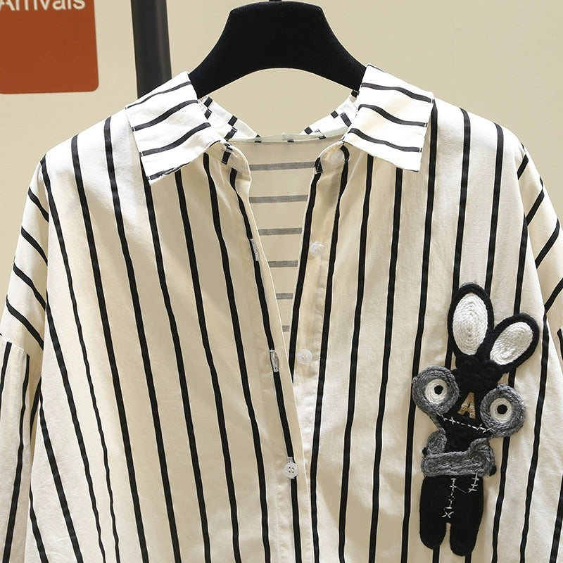 High-end mid-length black striped shirt for women 2024 spring new Korean loose design shirt tops