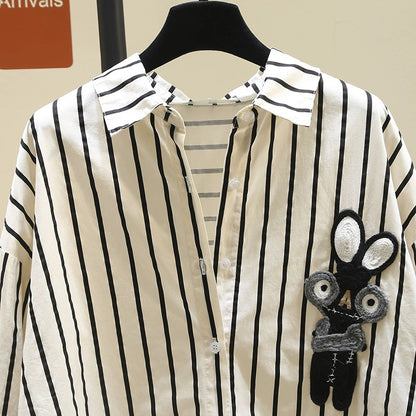 High-end mid-length black striped shirt for women 2024 spring new Korean loose design shirt tops