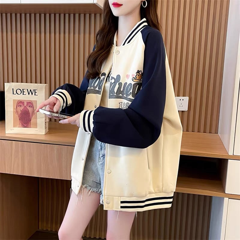 Loose and Western style age-reducing cartoon baseball uniform jacket for women 2023 new autumn casual versatile Korean cardigan (S0518)