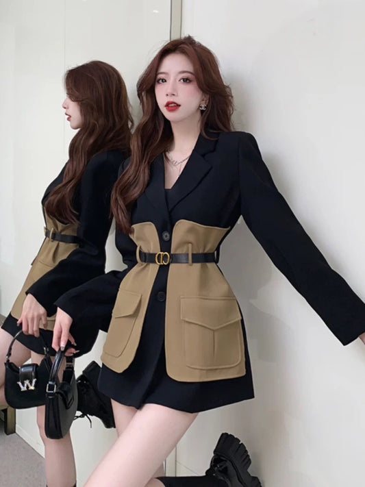 High-end contrasting color splicing suit jacket skirt for women in autumn and winter British style waist-cinching temperament royal sister bombing street dress
